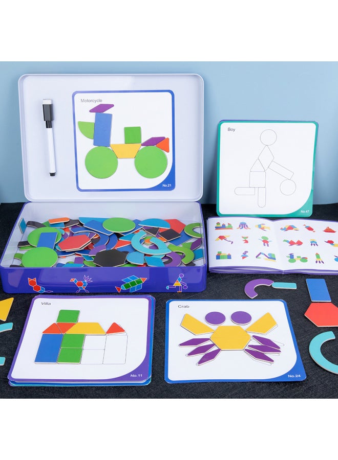 Wooden Magnetic Geometric Puzzle Iron Boxed Children's Early Education Educational Toys Puzzle Puzzle-Color:Iron Box Magnetic Geometric Puzzle - Image 1